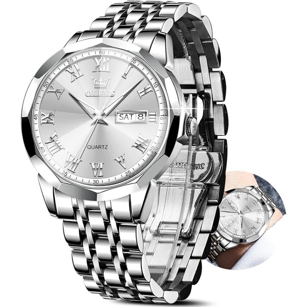 Olevs Men's Silver Steel Stain Waterproof Stainless Luminous Stylish Wrist Watch